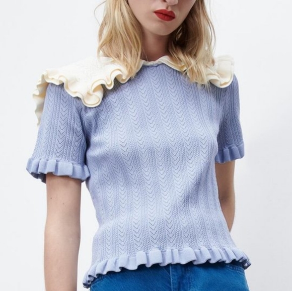 Zara Tops - Zara Adorable Contrast Knit Top Blue Cream With Oversized Collar Size S NWT💙